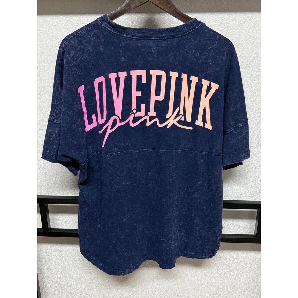 PINK Victoria's Secret Distressed Blue Varsity Short Sleeve Crew Tee size Large